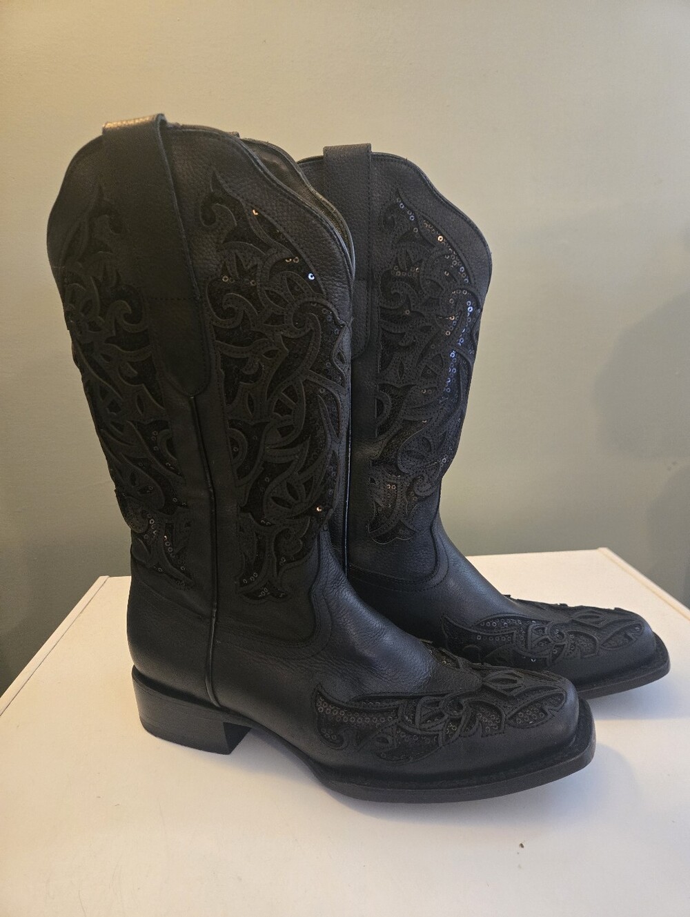 J.B. Dillon Womens Black Sequined Western Boots Size 10